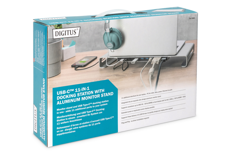 DIGITUS Docking station USB-C™ 11 in 1 con supporto per monitor in alluminio 